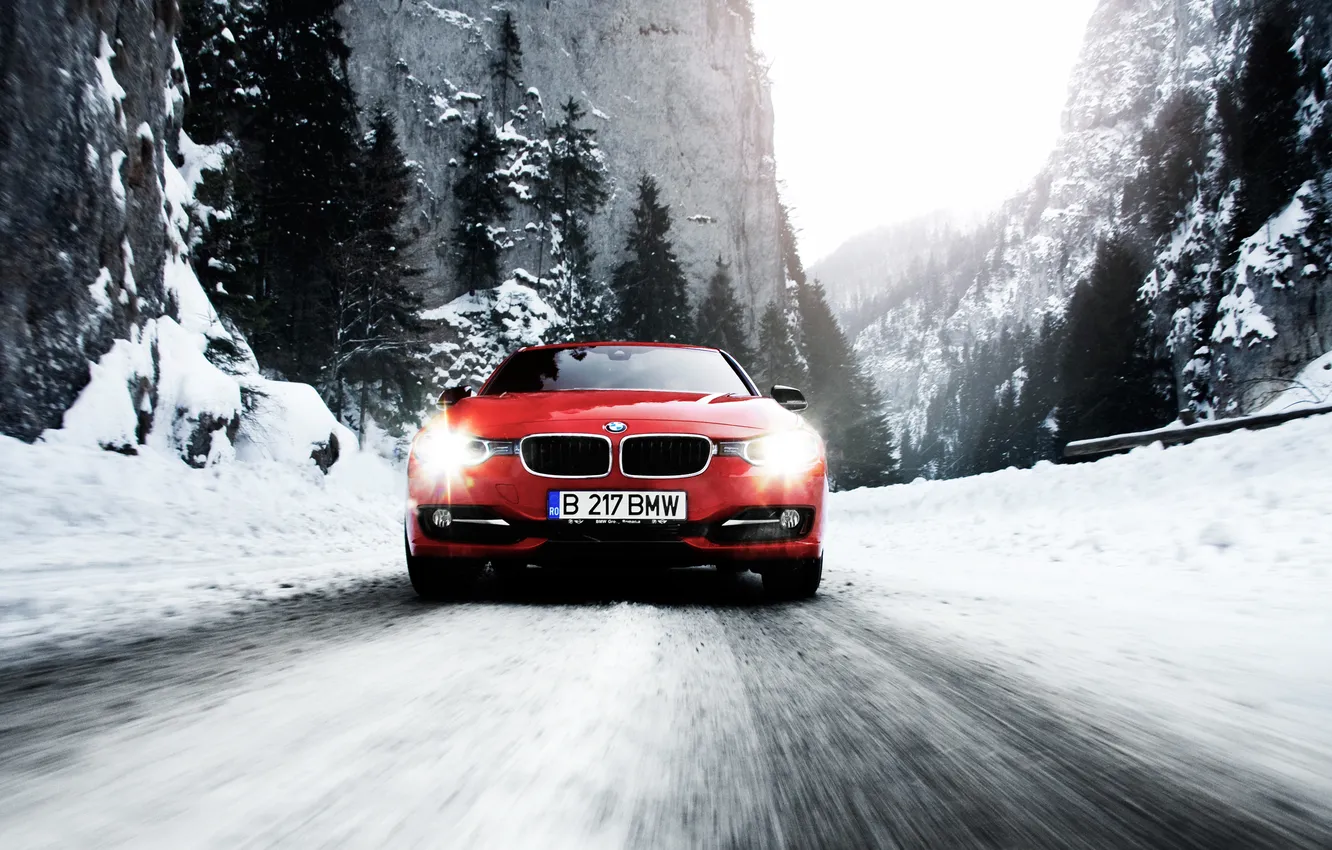 Photo wallpaper road, forest, snow, mountains, BMW, Diesel, bmw3, f30 2.0 320d