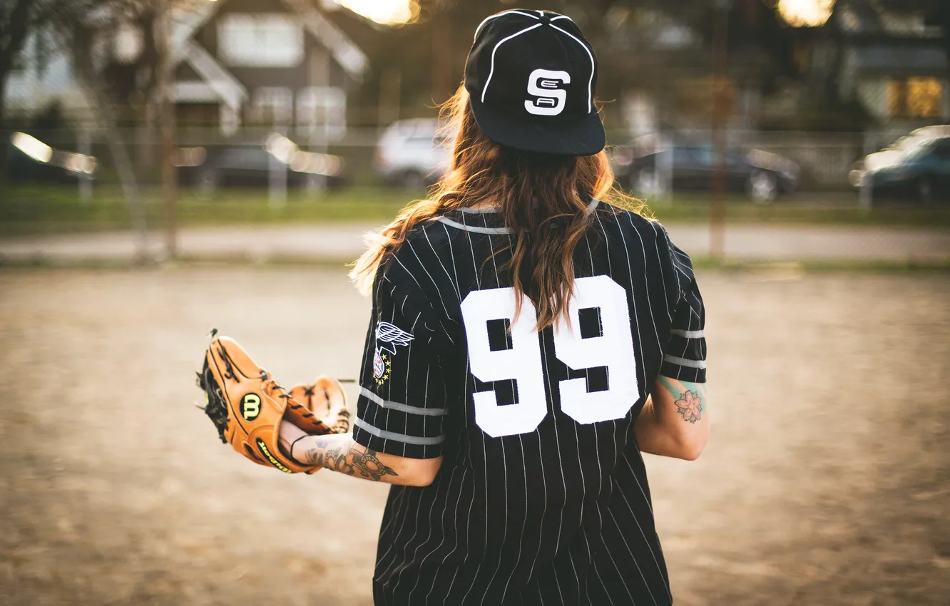 Photo wallpaper girl, baseball, tattoo, form, glove, tattoo, baseball cap