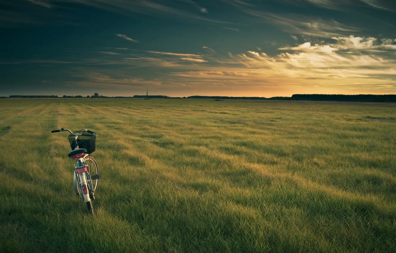 Photo wallpaper field, the sky, grass, clouds, landscape, sunset, nature, bike