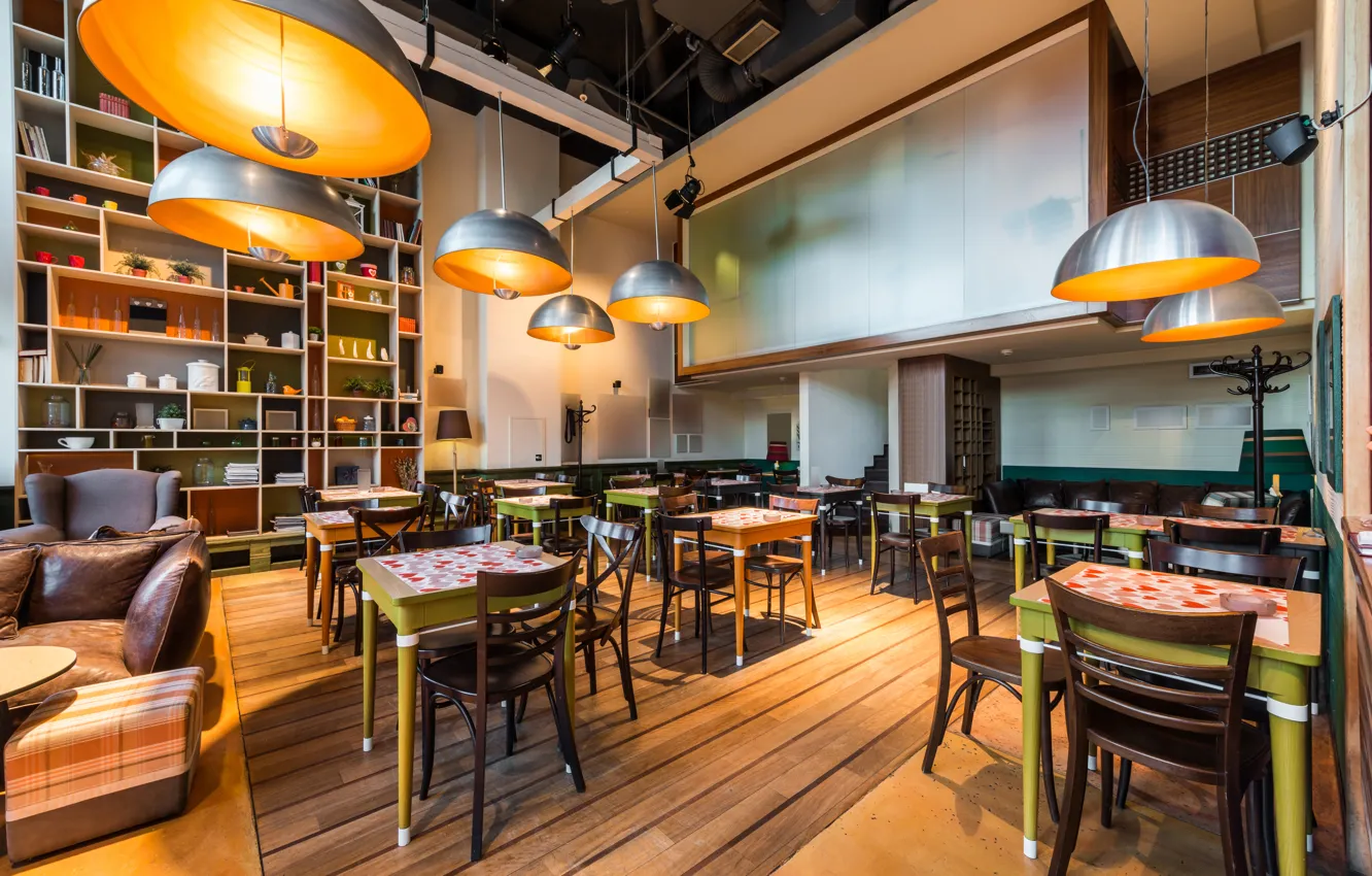 Photo wallpaper design, modern, tables, chairs, distribution, coffee restaurant