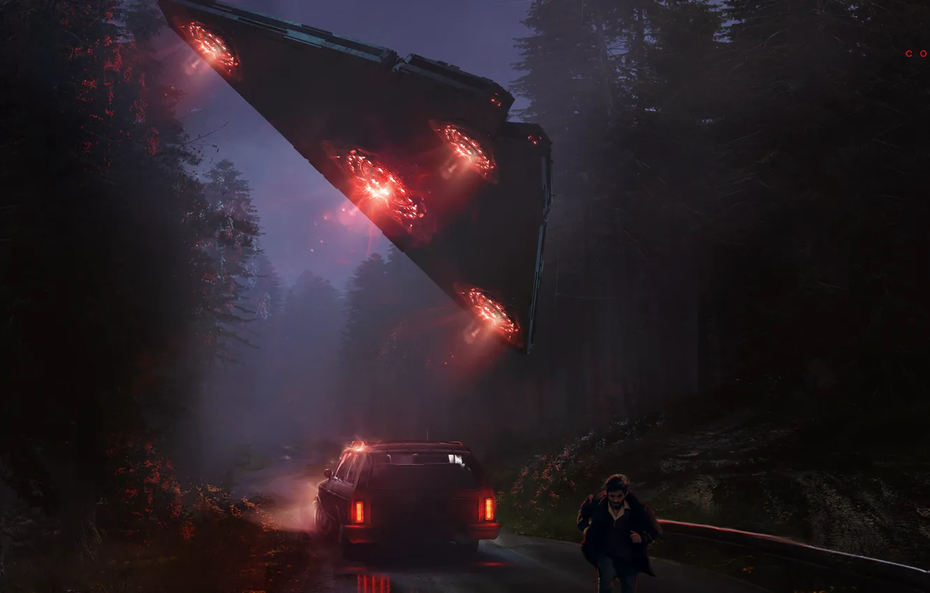 Photo wallpaper car, machine, auto, night, fiction, people, UFO, art