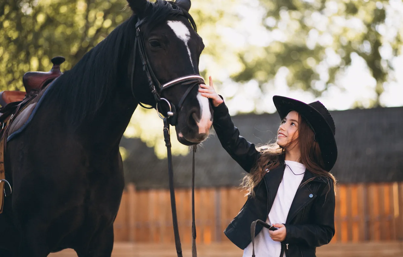 Photo wallpaper children, horse, horse, hat, girl, communication