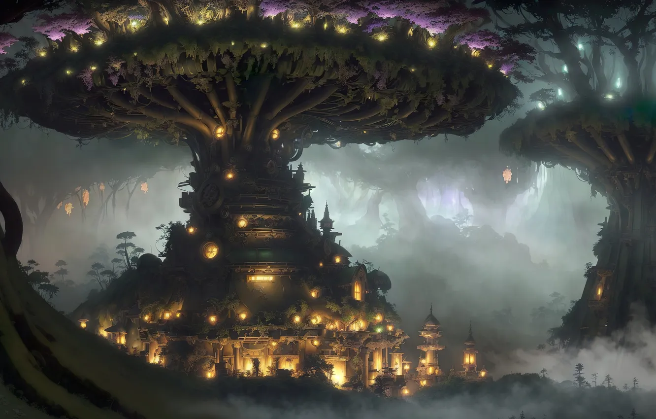 Photo wallpaper fantasy, forest, art, fog, fantasy art, futuristic, Kingdom, Stable Diffusion