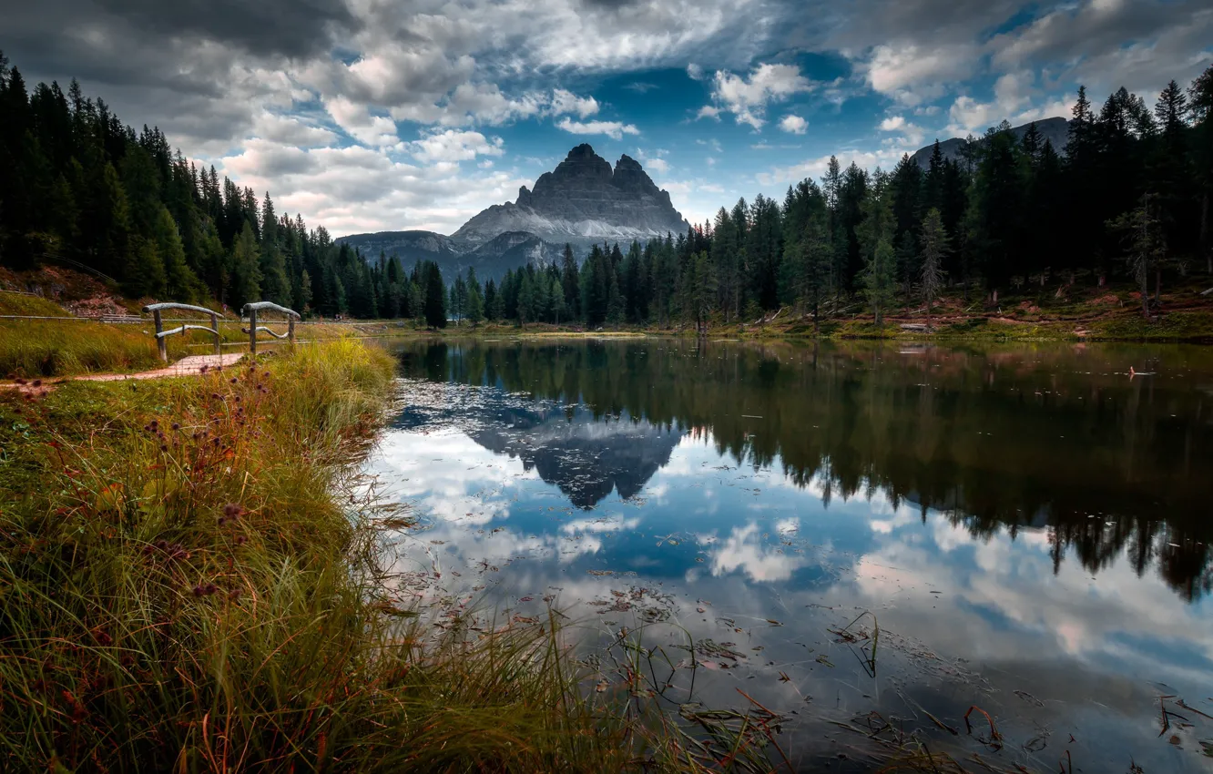 Photo wallpaper mountains, Italy, river, The Dolomites