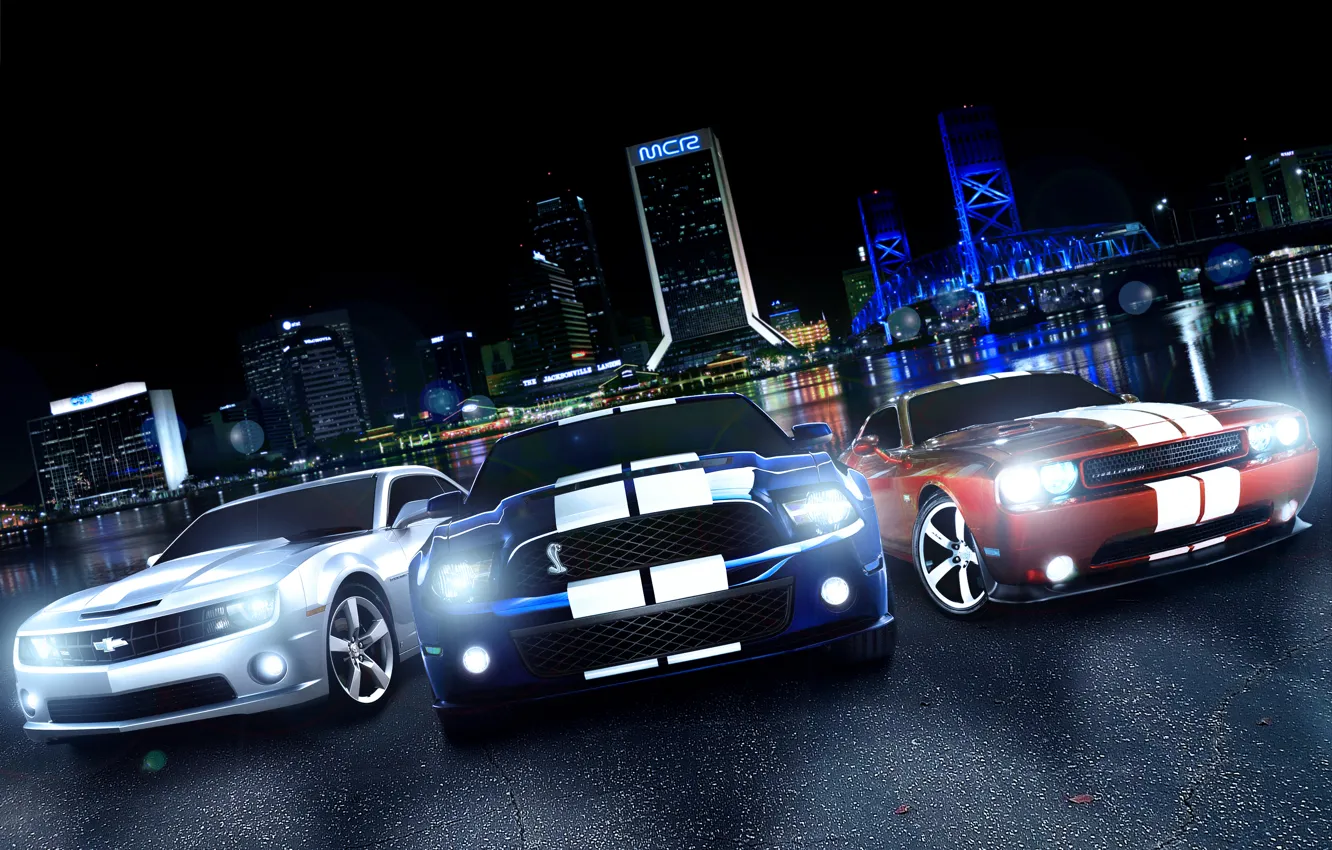 Photo wallpaper Dodge Challenger, ford mustang, muscle car, Chevrolet Camaro