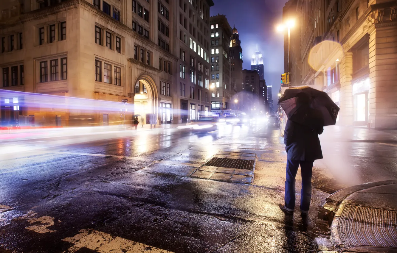 Photo wallpaper road, lights, loneliness, rain, mood, Wallpaper, street, umbrella
