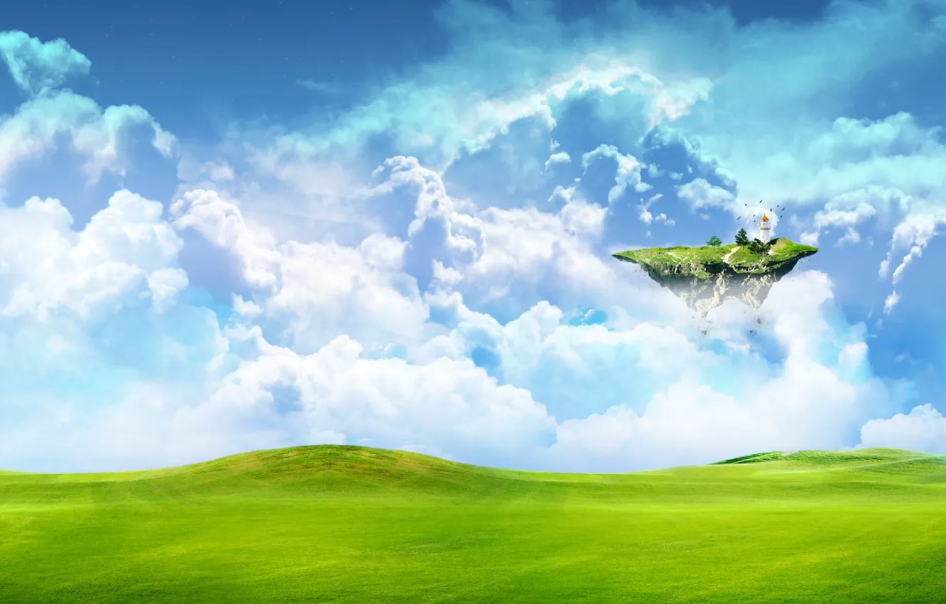 Photo wallpaper field, clouds, island, The sky