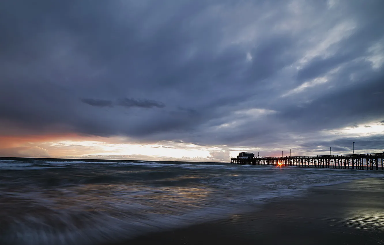 Photo wallpaper sea, bridge, Newport Beach, Stormy Sunset