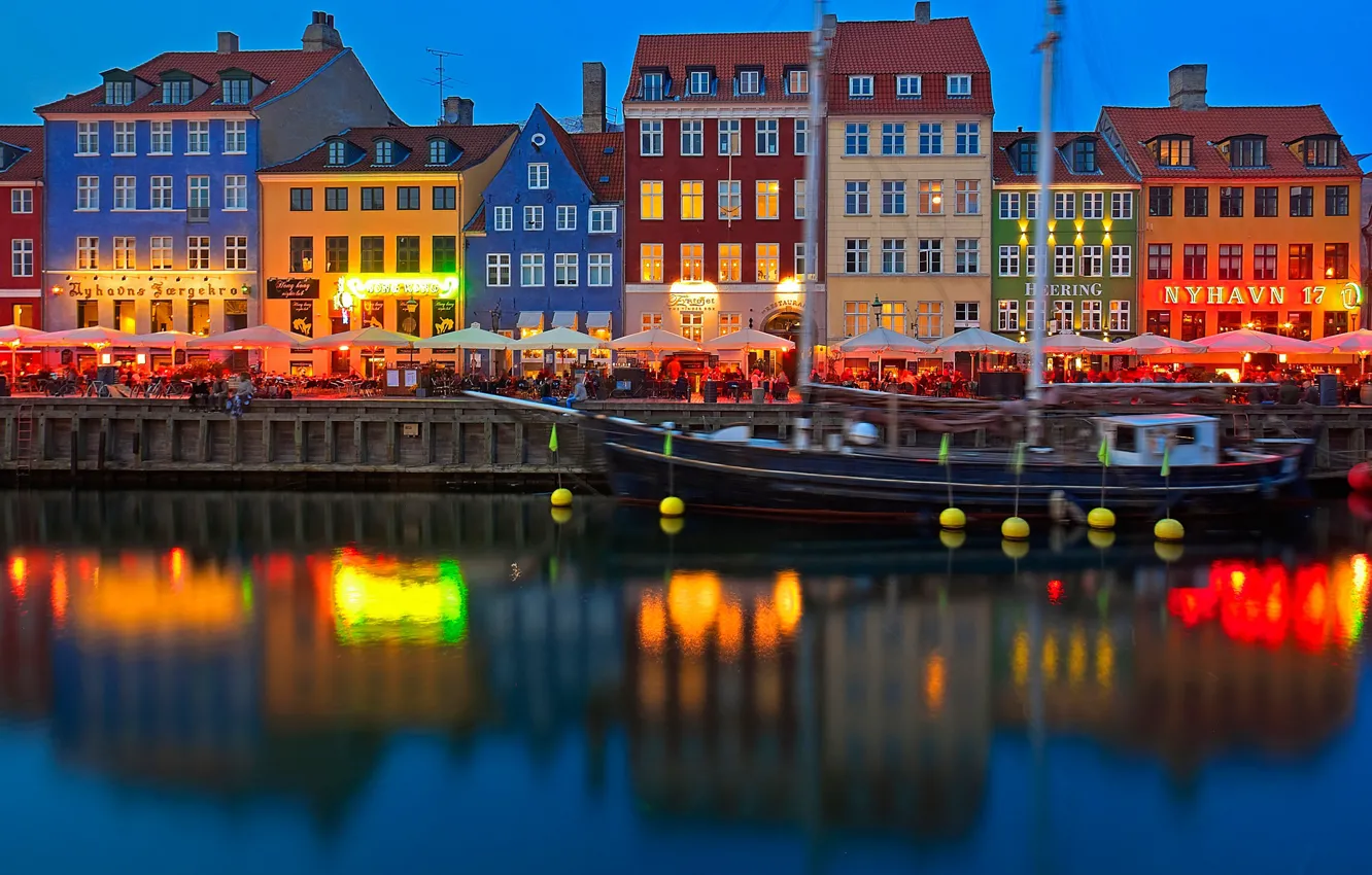 Photo wallpaper lights, reflection, ship, home, Denmark, Copenhagen, Nyhavn