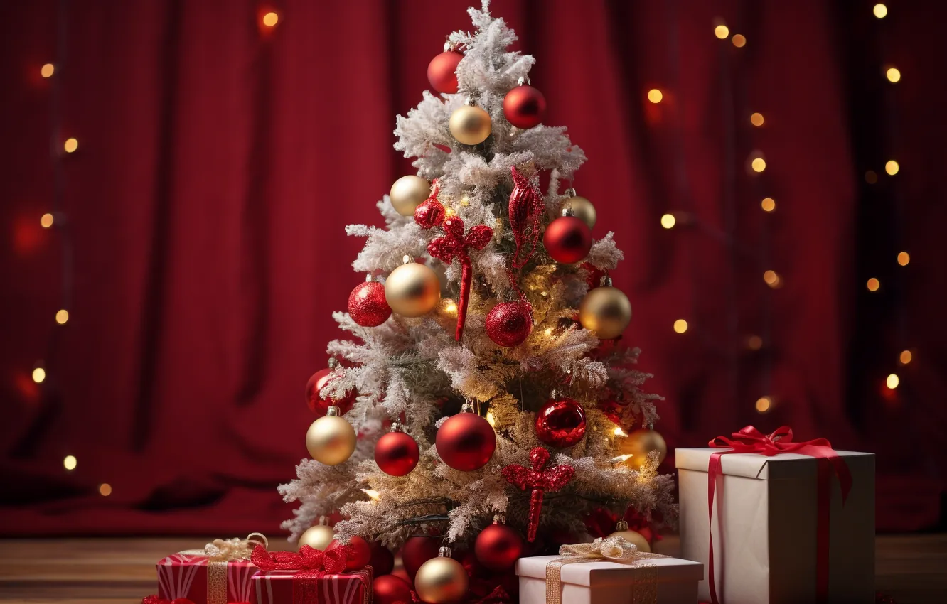 Photo wallpaper frost, balls, light, red, lights, gift, tree, new year