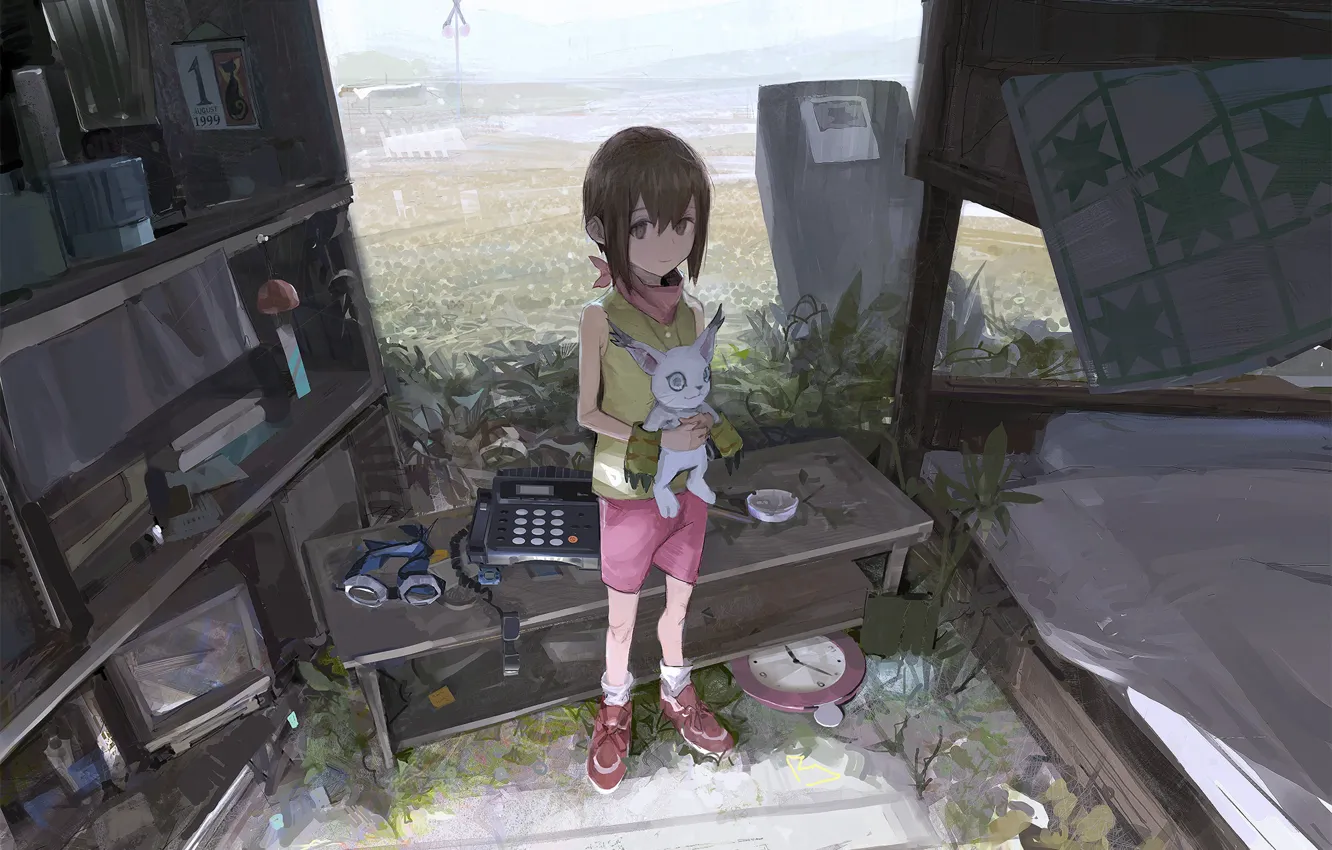 Photo wallpaper girl, phone, shelves, Adventure Digimon