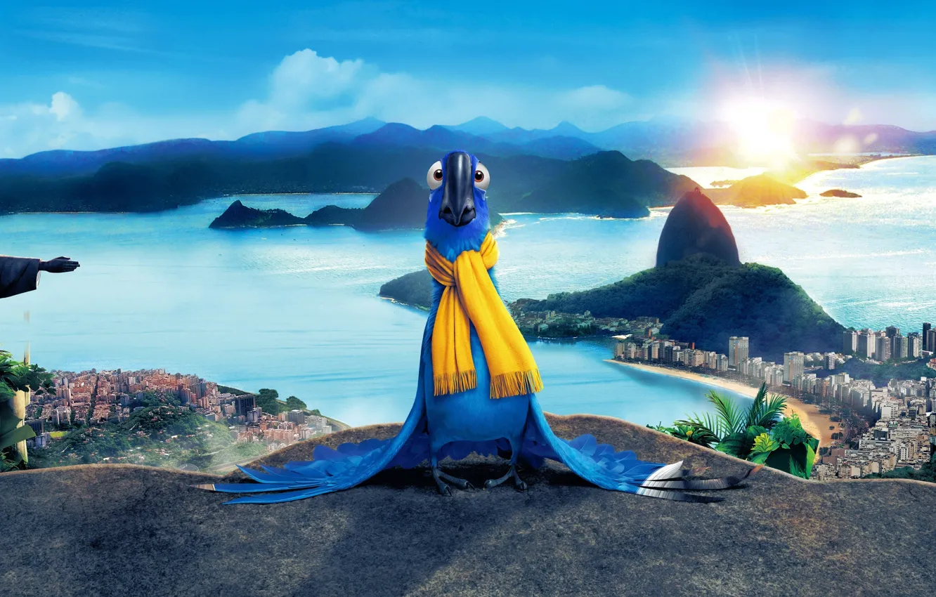 Photo wallpaper city, cinema, sky, sea, landscape, bird, blue, mountains