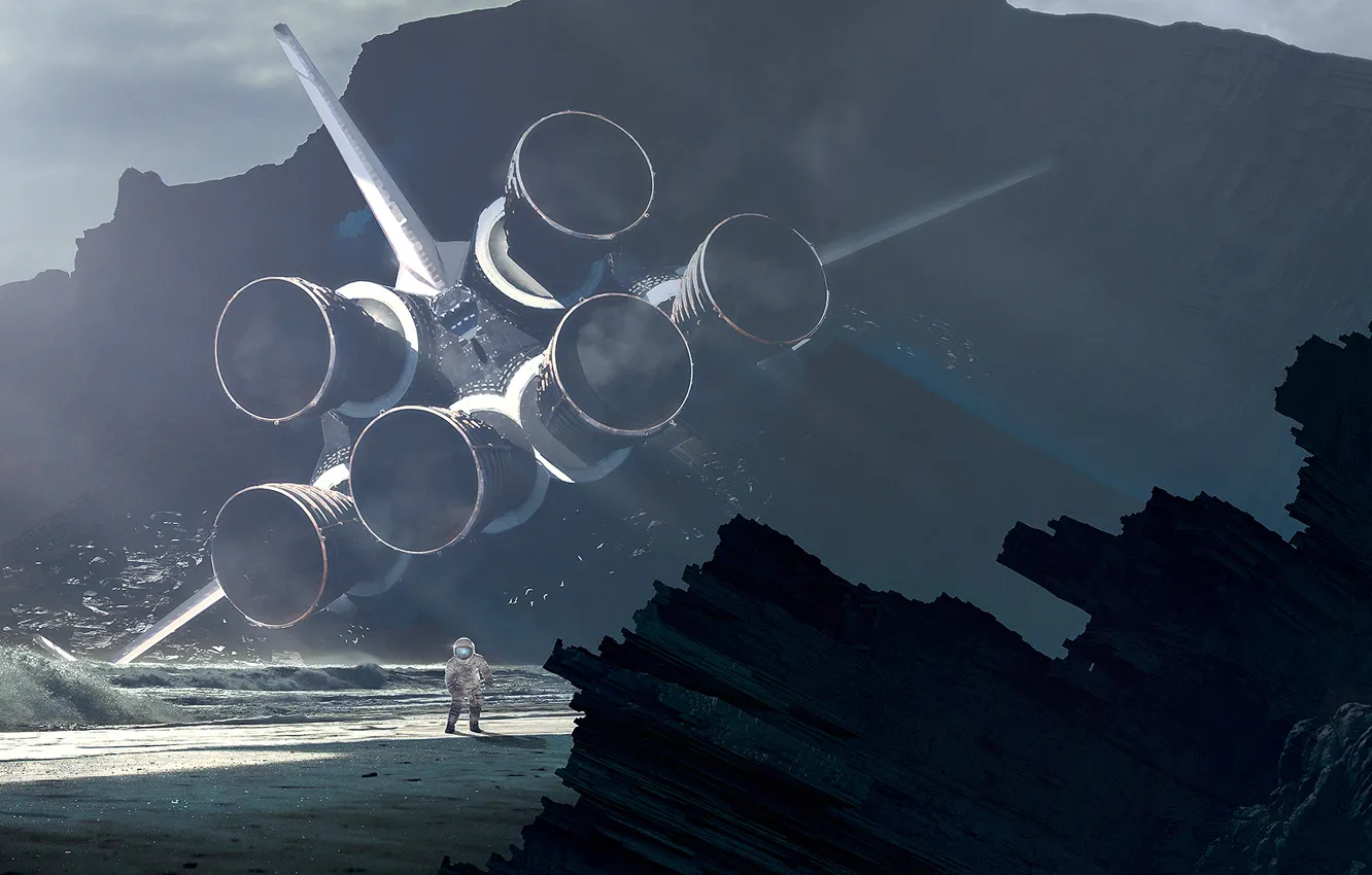 Photo wallpaper beach, water, rocks, shore, the crash, astronaut, the suit, costume