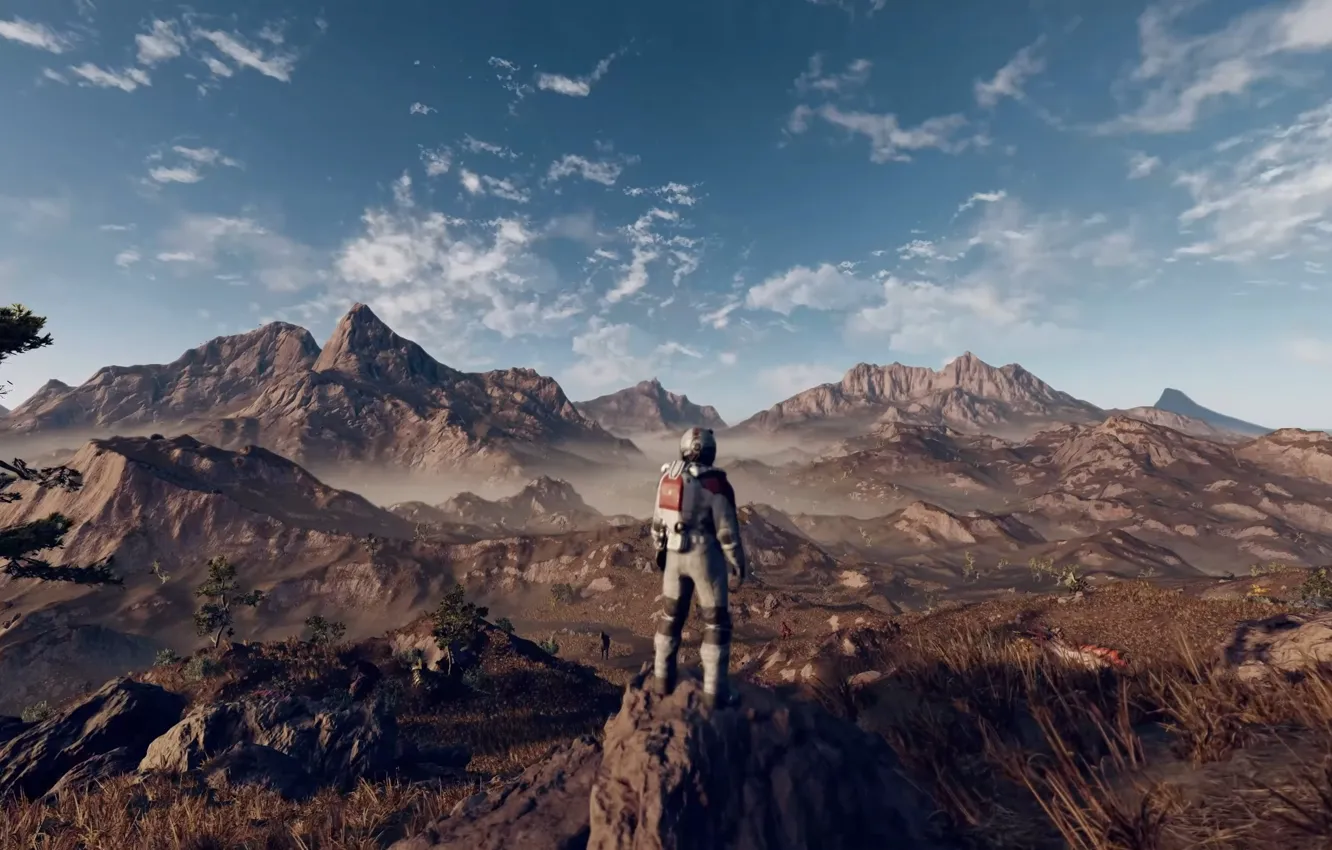 Photo wallpaper forest, the sky, landscape, mountains, people, planet, the suit, Starfield