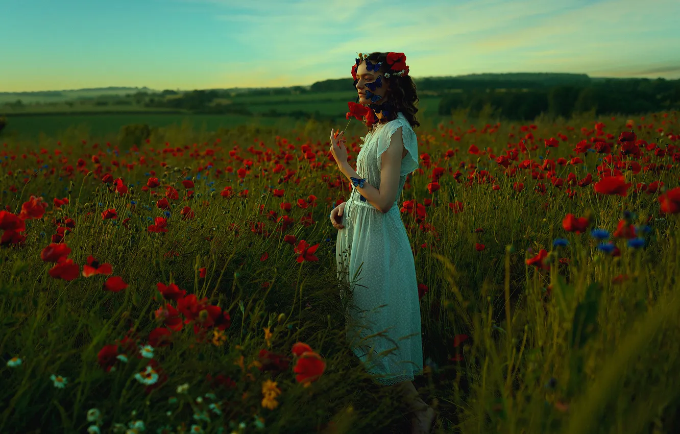 Photo wallpaper summer, the sky, girl, flowers, pose, style, butterfly, Maki