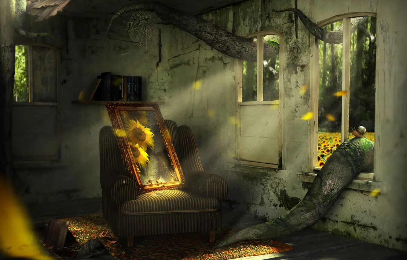 Photo wallpaper sunflowers, snail, abandoned house