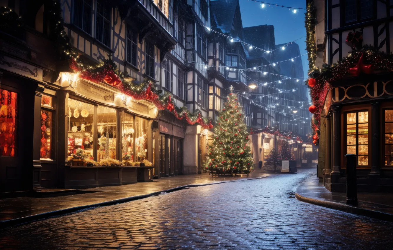 Photo wallpaper winter, snow, decoration, night, the city, lights, street, tree