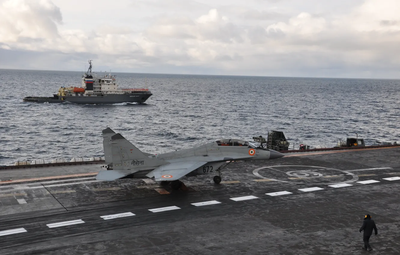 Photo wallpaper clouds, the ocean, deck, The carrier, preparing for take-off, MiG-29 KUB, MiG-29KUB, The Indian air …