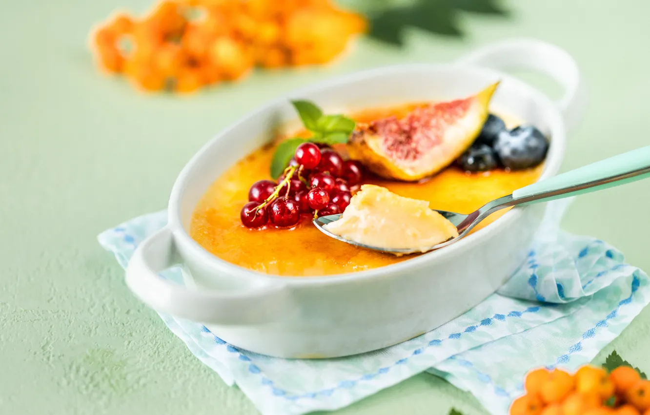 Photo wallpaper red, berries, table, food, blueberries, spoon, bowl, dessert