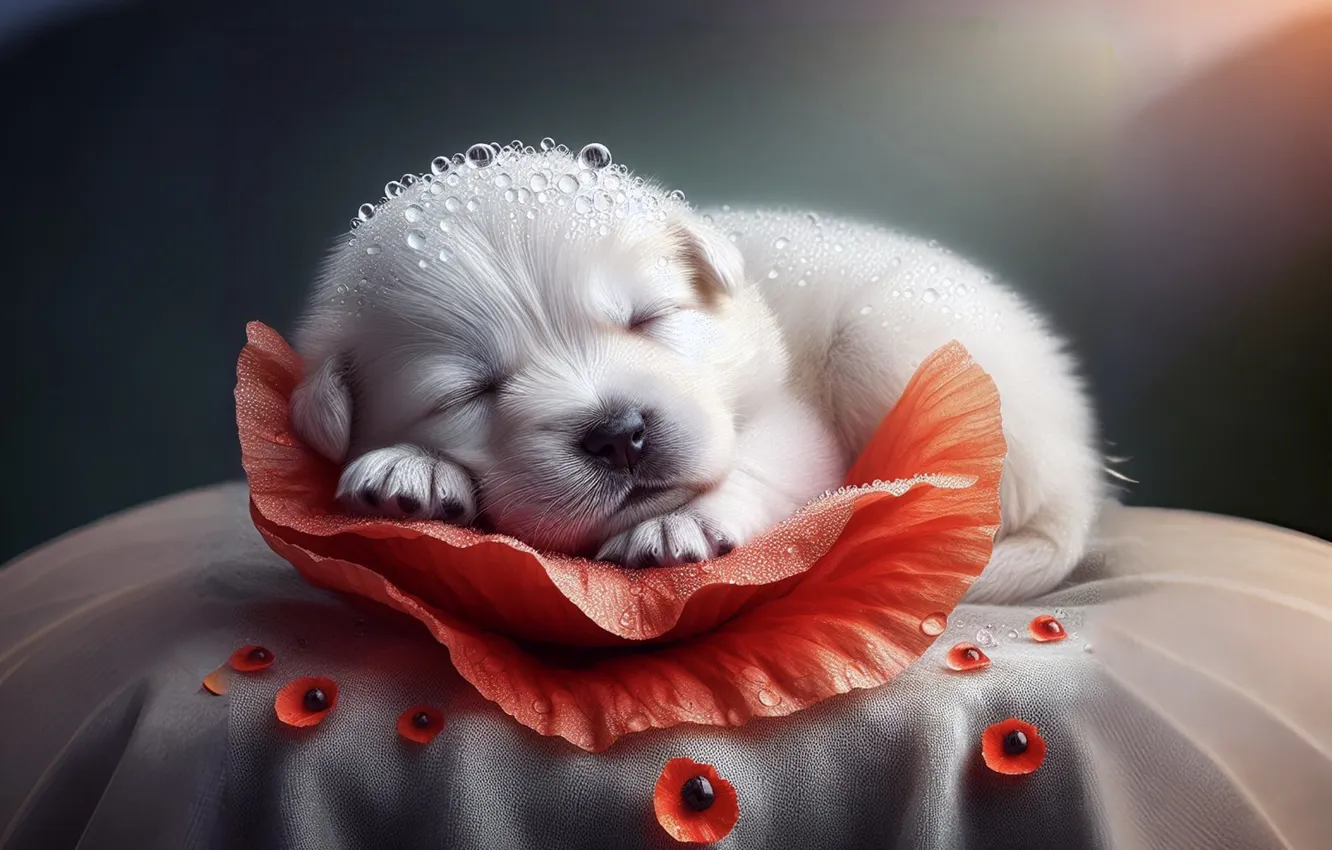 Photo wallpaper flowers, dog, puppy, AI art, Maki, neural network