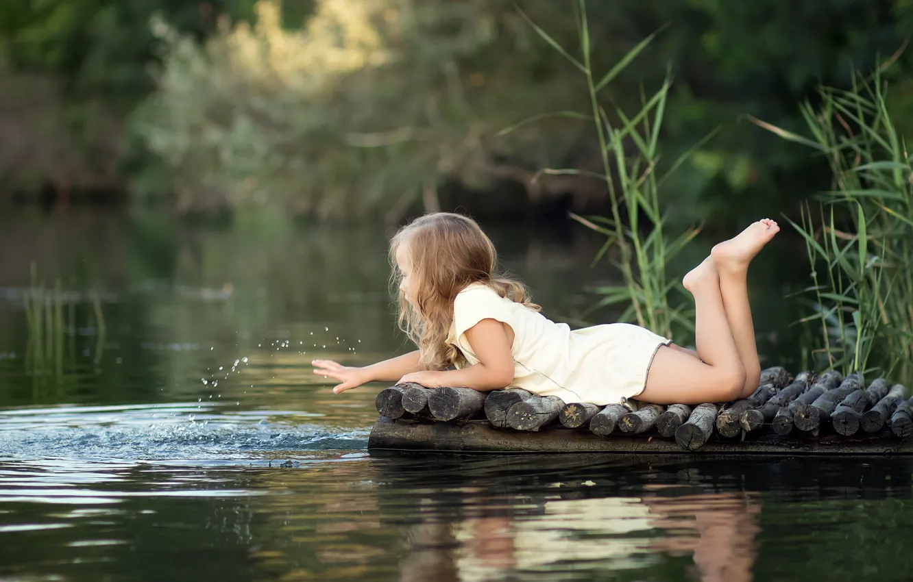 Photo wallpaper summer, grass, water, nature, children, river, the game, dress