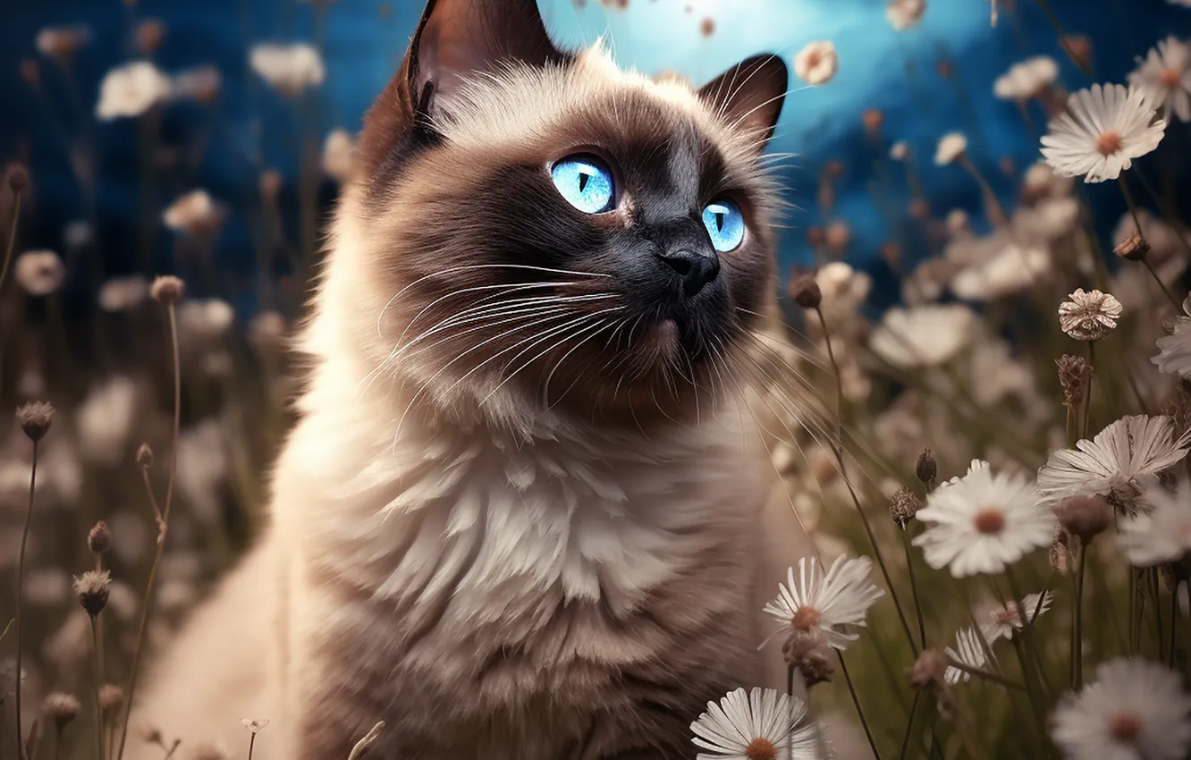 Photo wallpaper cat, cat, look, flowers, the evening, Siamese, digital art, AI art