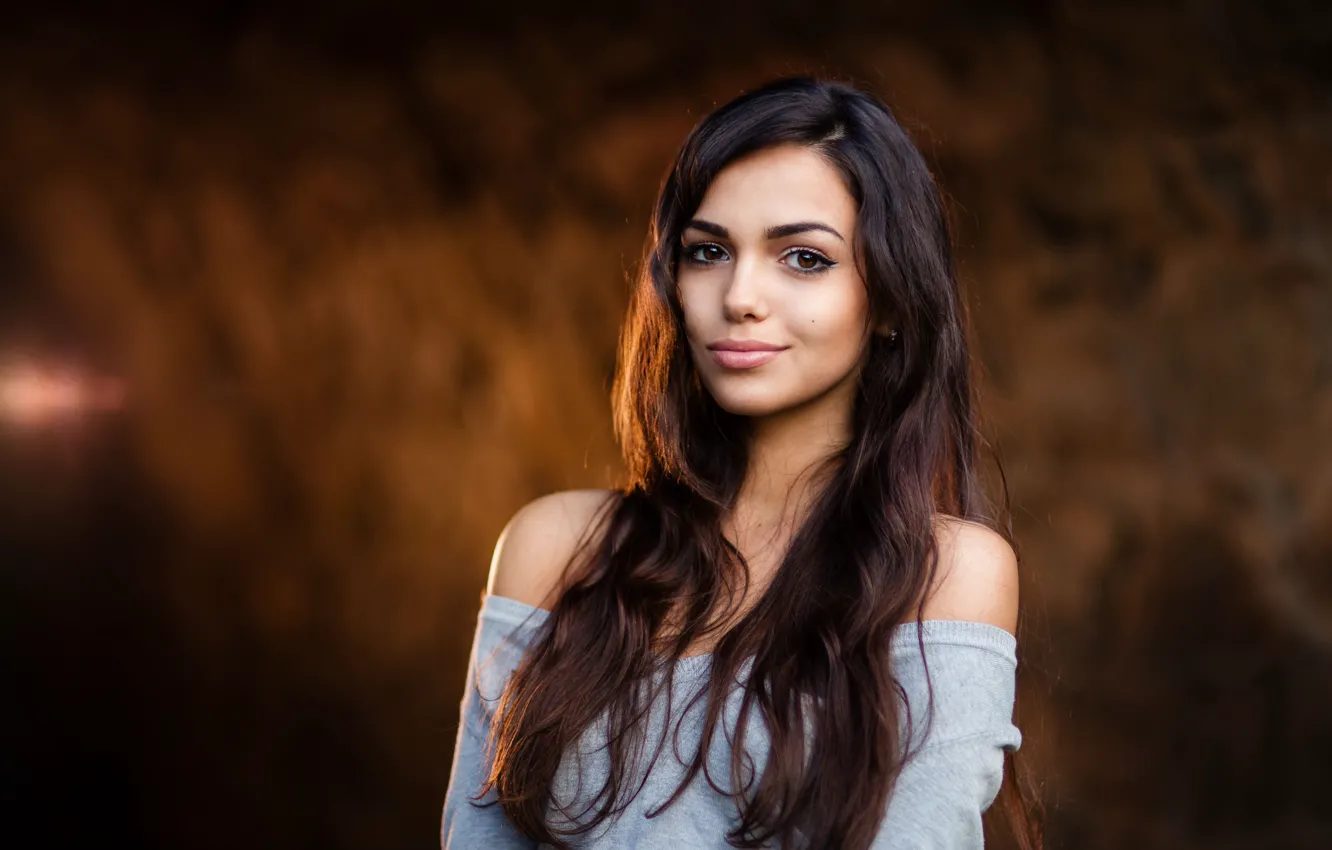 Photo wallpaper look, girl, smile, portrait, makeup, brunette, beautiful, curls