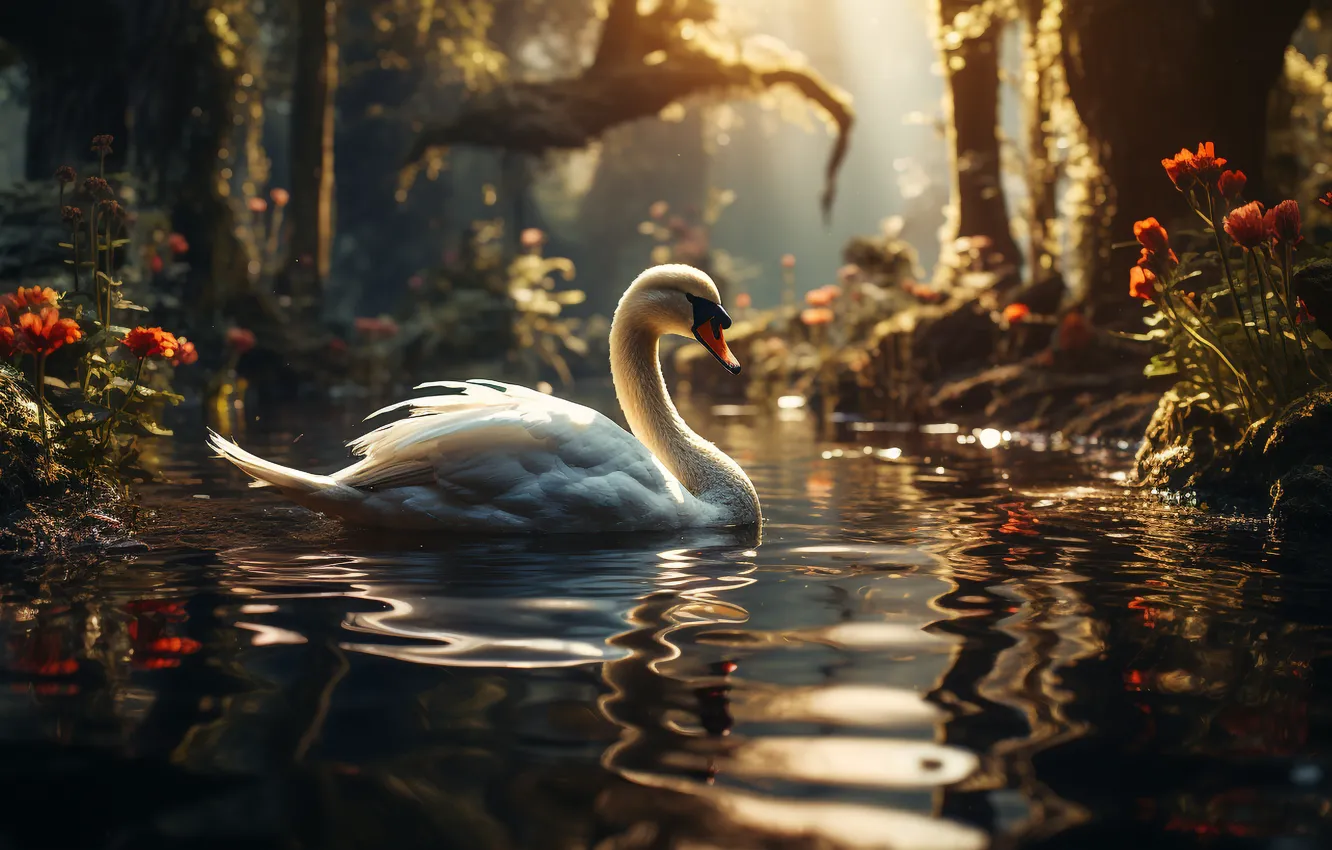 Photo wallpaper white, nature, lake, pond, bird, shore, swans, pond