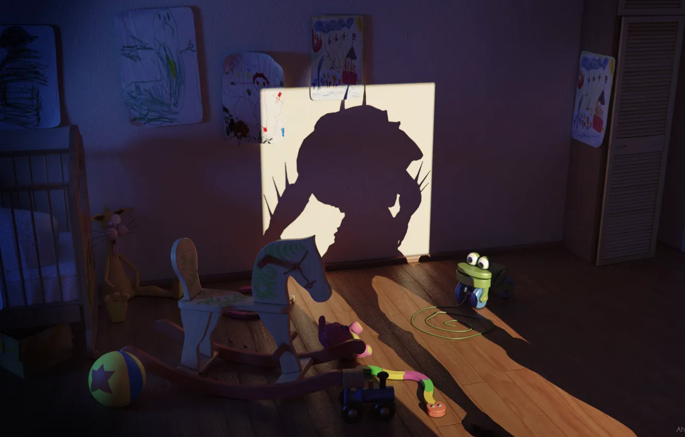 Photo wallpaper toys, shadow, the room, nightmare, final render