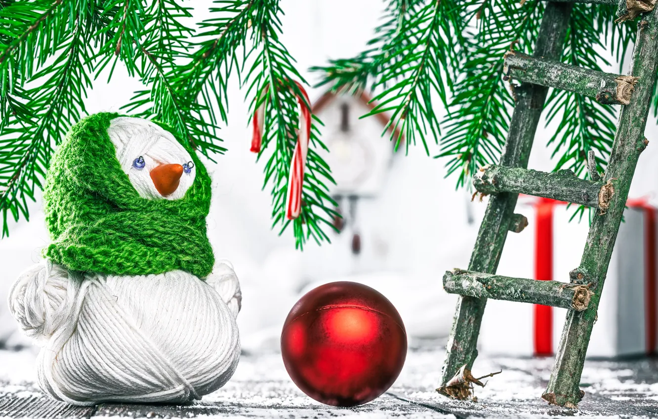 Photo wallpaper branches, background, gift, new year, spruce, snowman, box, gift