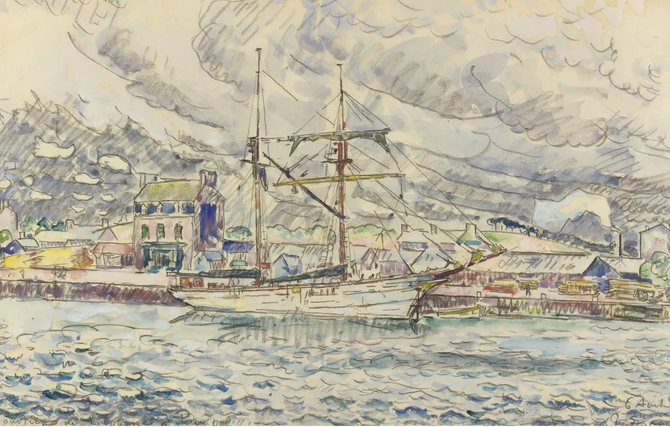 Photo wallpaper figure, ship, watercolor, 1929, Paul Signac, Paul Signac, The Port Of Paimpol. Brittany