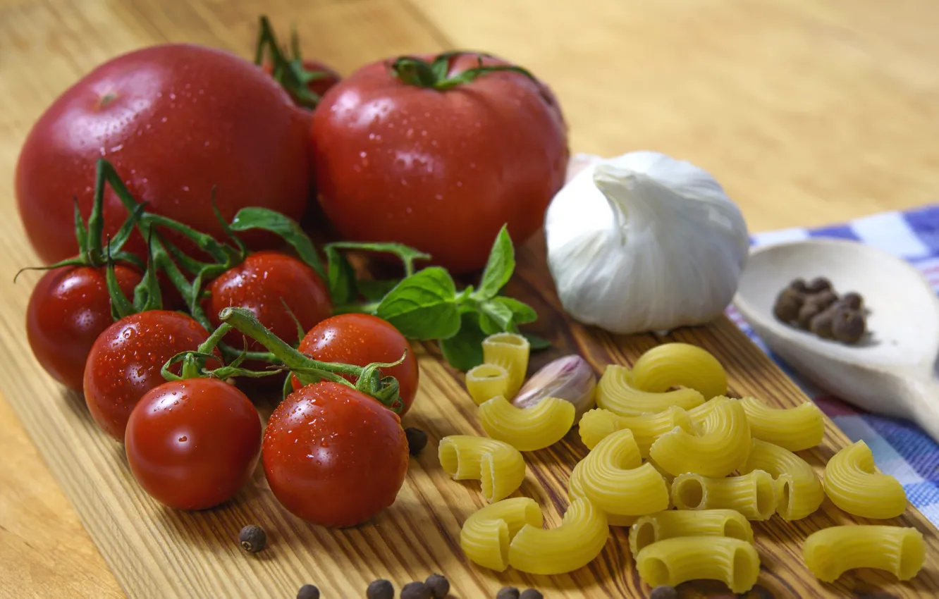 Photo wallpaper tomatoes, garlic, pasta, Basil