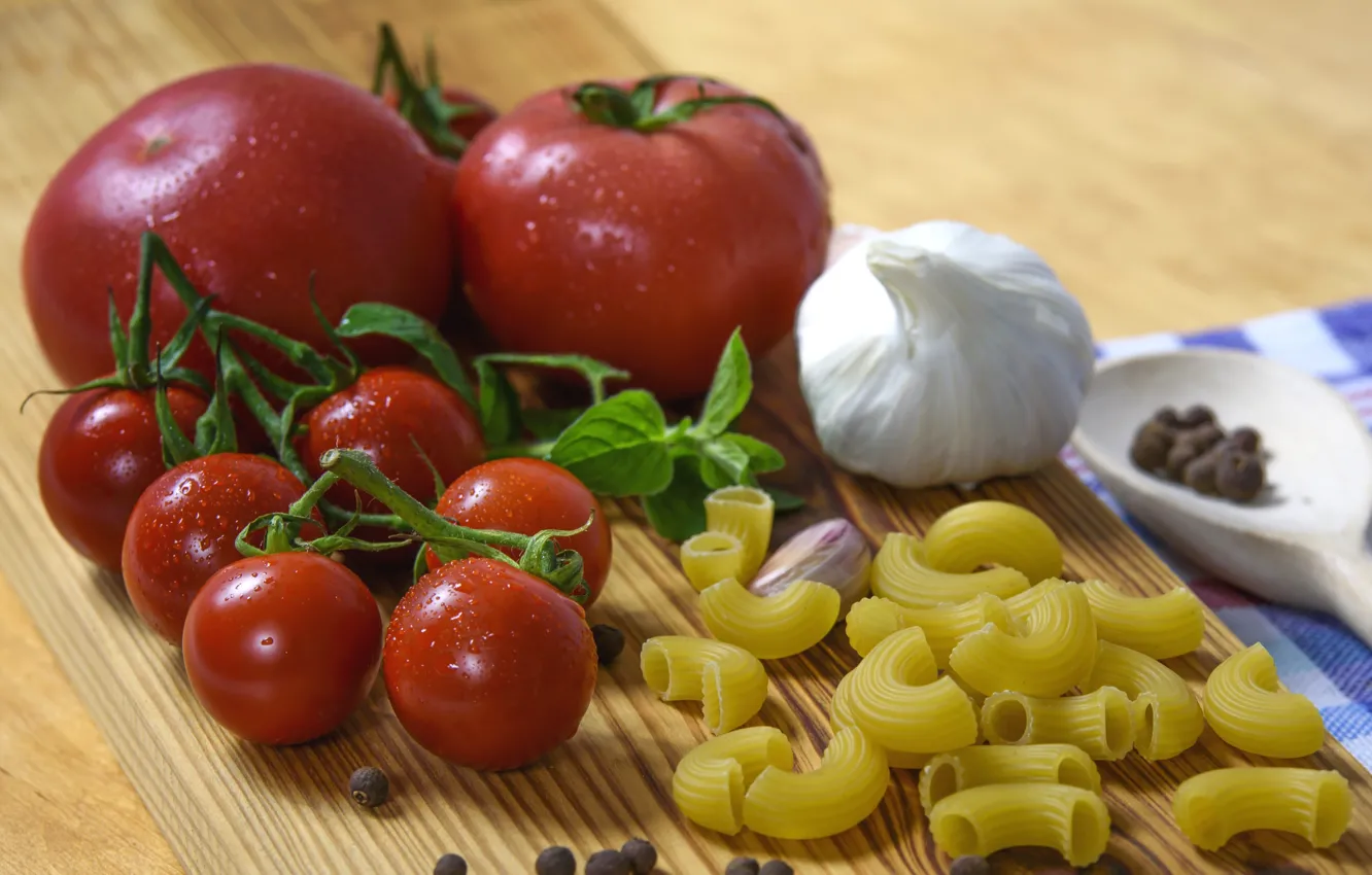 Photo wallpaper tomato, garlic, pasta, Basil