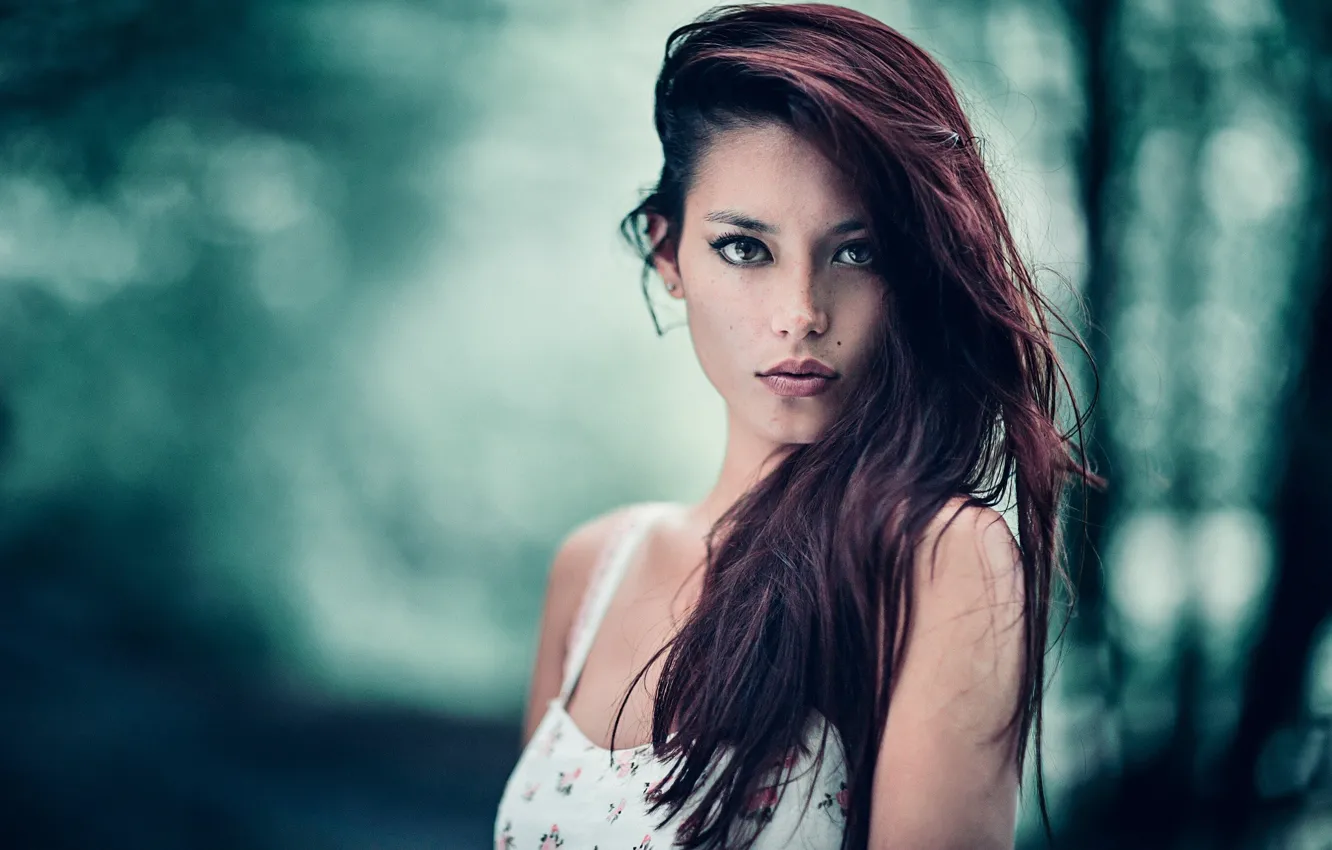 Photo wallpaper look, portrait, beautiful girl, blurred background, sundress, look, beautiful girl, portrait
