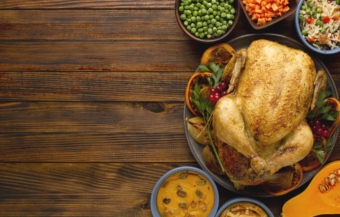 Photo wallpaper polka dot, pie, pumpkin, figure, carrots, wood, decoration, treat