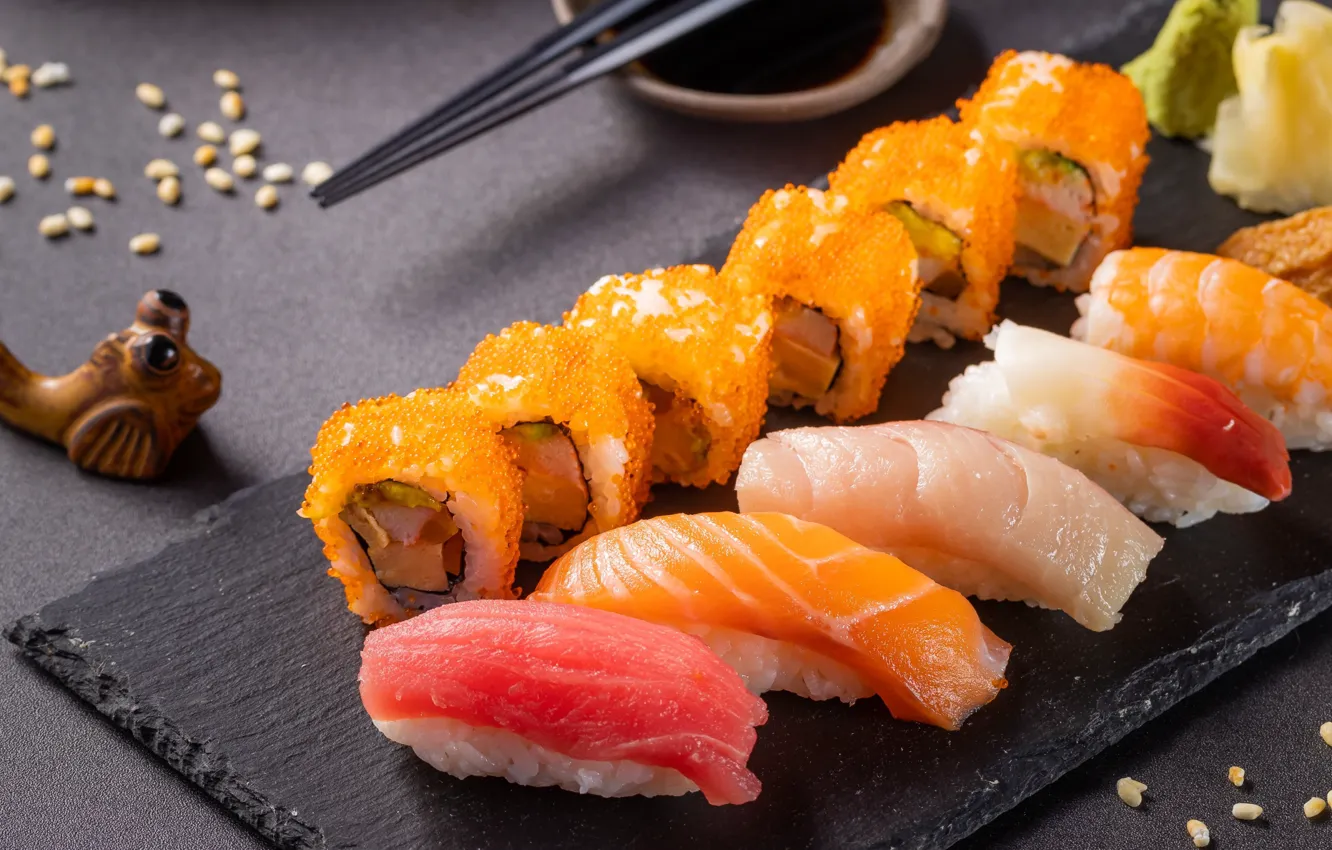 Photo wallpaper fish, caviar, sushi, cuts, sashimi