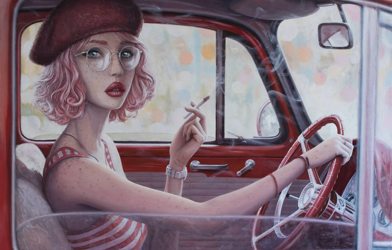 Photo wallpaper auto, girl, mirror, the wheel, glasses, cigarette, freckles, smokes