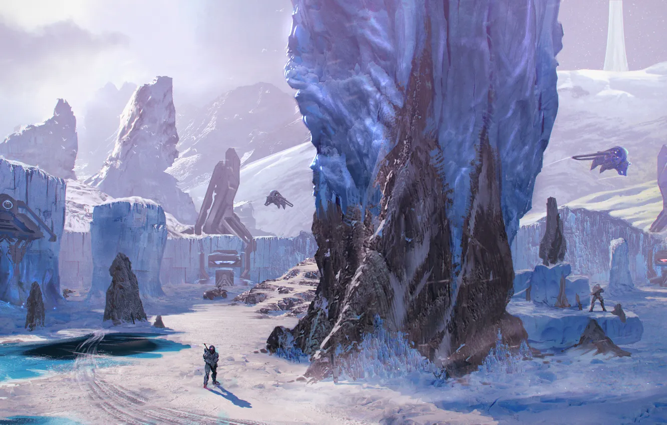 Photo wallpaper snow, mountains, rocks, Halo, art, Sidewinder