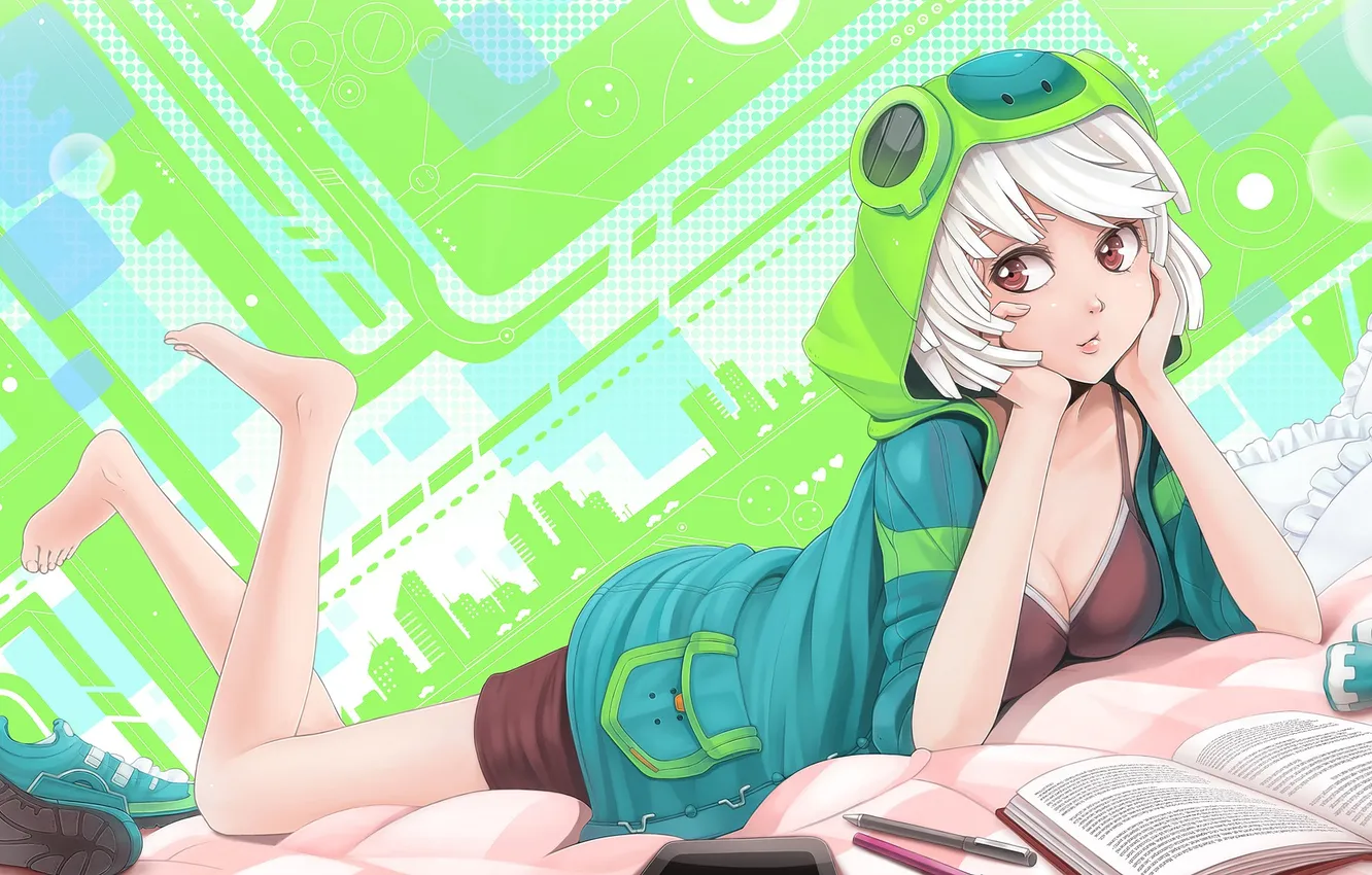 Photo wallpaper chest, girl, handle, hood, bed, neckline, book, art