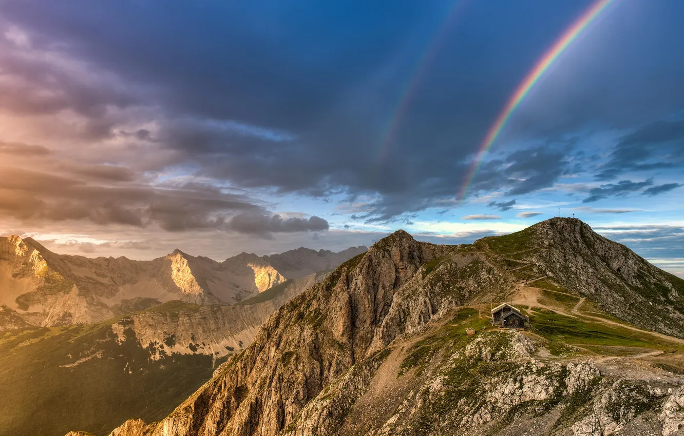 Photo wallpaper landscape, mountains, rainbow, hut, summit. the sky