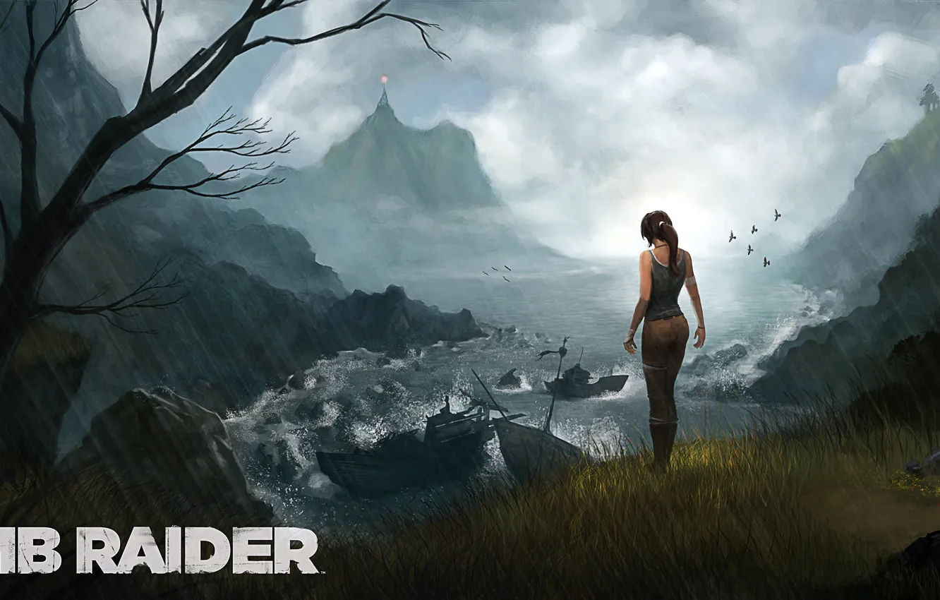 Photo wallpaper girl, rain, rocks, art, Tomb Raider, Lara Croft, Lara Croft