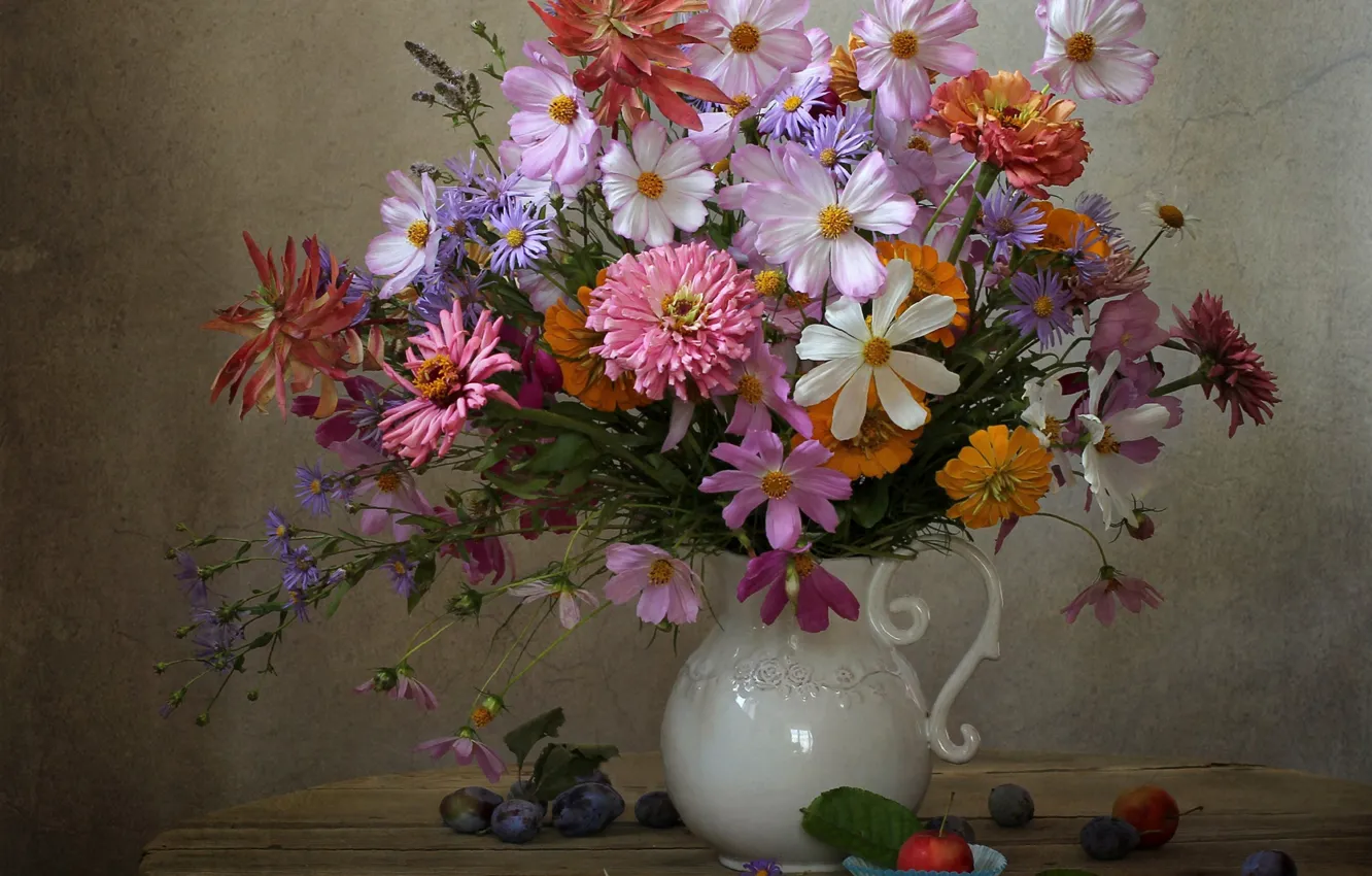 Photo wallpaper autumn, bouquet, plum, kosmeya, asters, calendula, zinnia