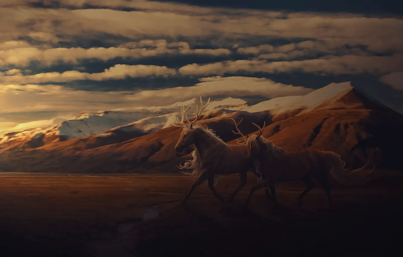 Photo wallpaper sunset, mountains, nature, horse, fantasy, by Neverrmind