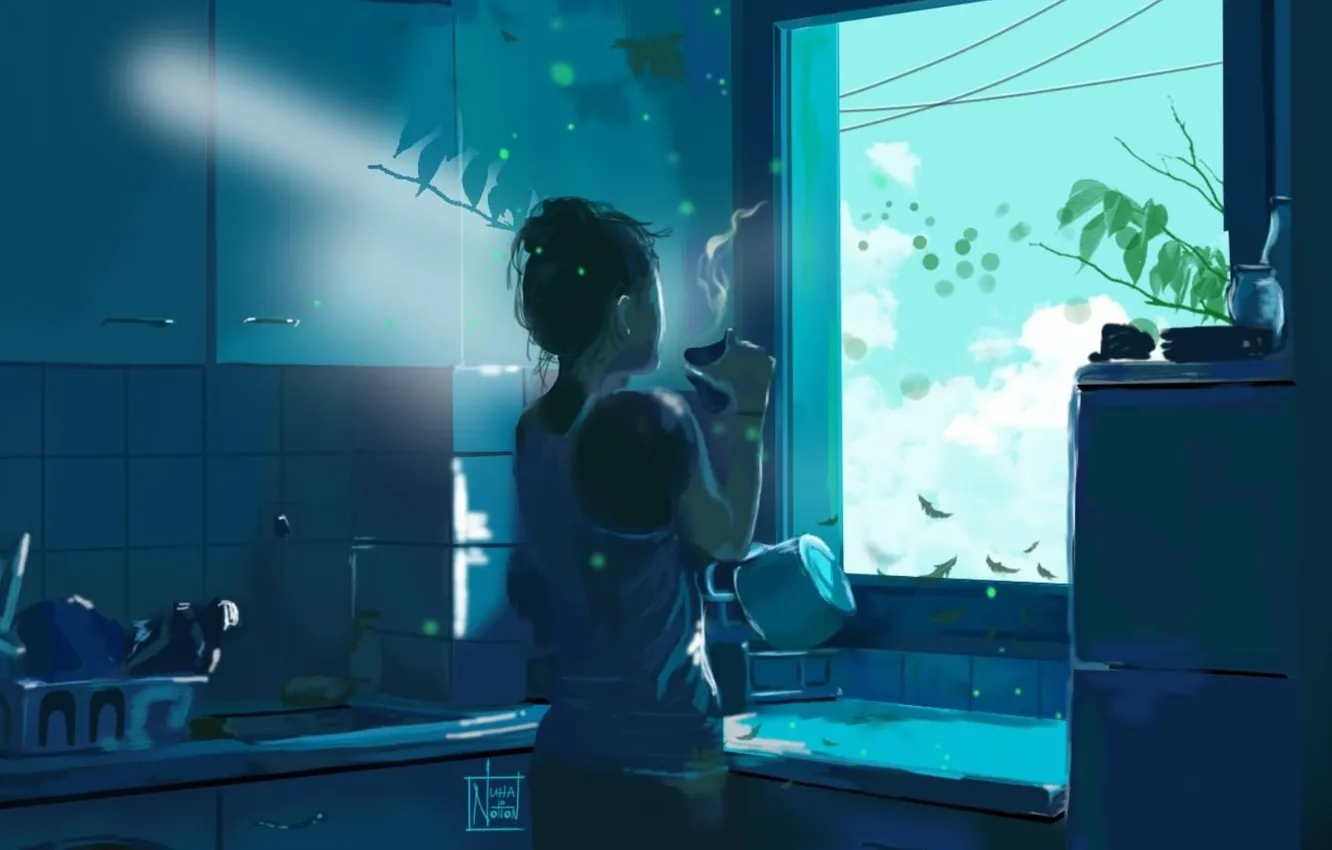 Photo wallpaper kitchen, window, from the back, a Cup of coffee, by Nuha Nation