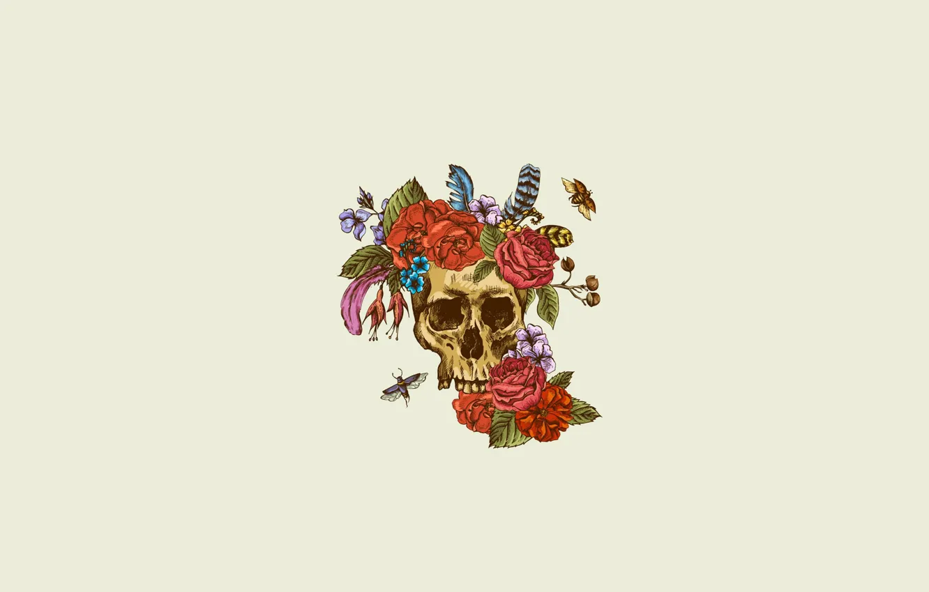 Photo wallpaper flowers, bee, skull