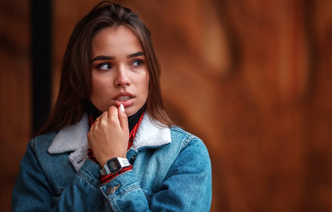 Photo wallpaper look, girl, model, denim jacket, Nikolay Rogozin, Anya Skuridina