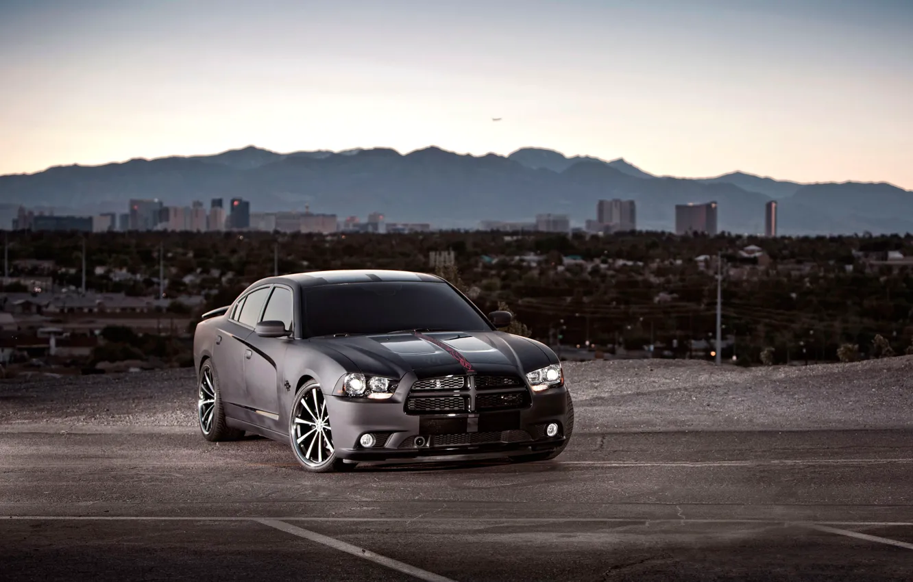 Photo wallpaper road, mountains, the city, black, Matt, dodge, charger