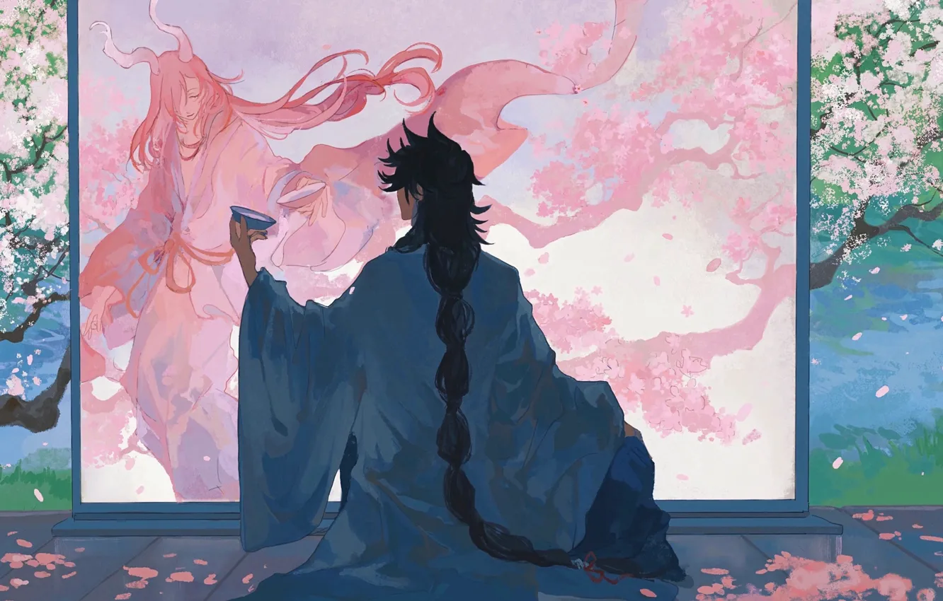 Photo wallpaper screen, long hair, Japanese clothing, cherry blossoms, two guys, the demon and the angel, the …