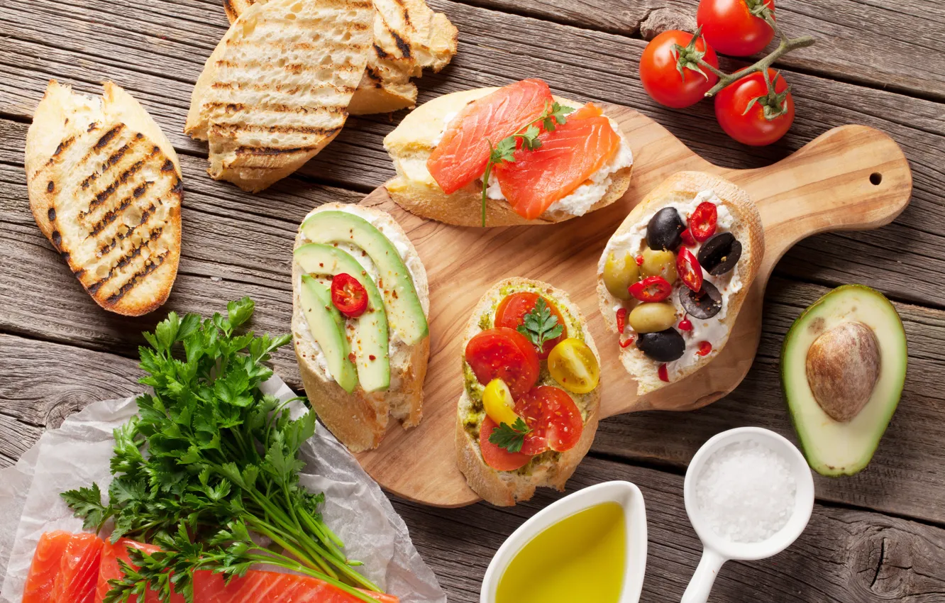 Photo wallpaper food, bread, olives, avocado, sandwiches, salmon, tomatoes-cherry