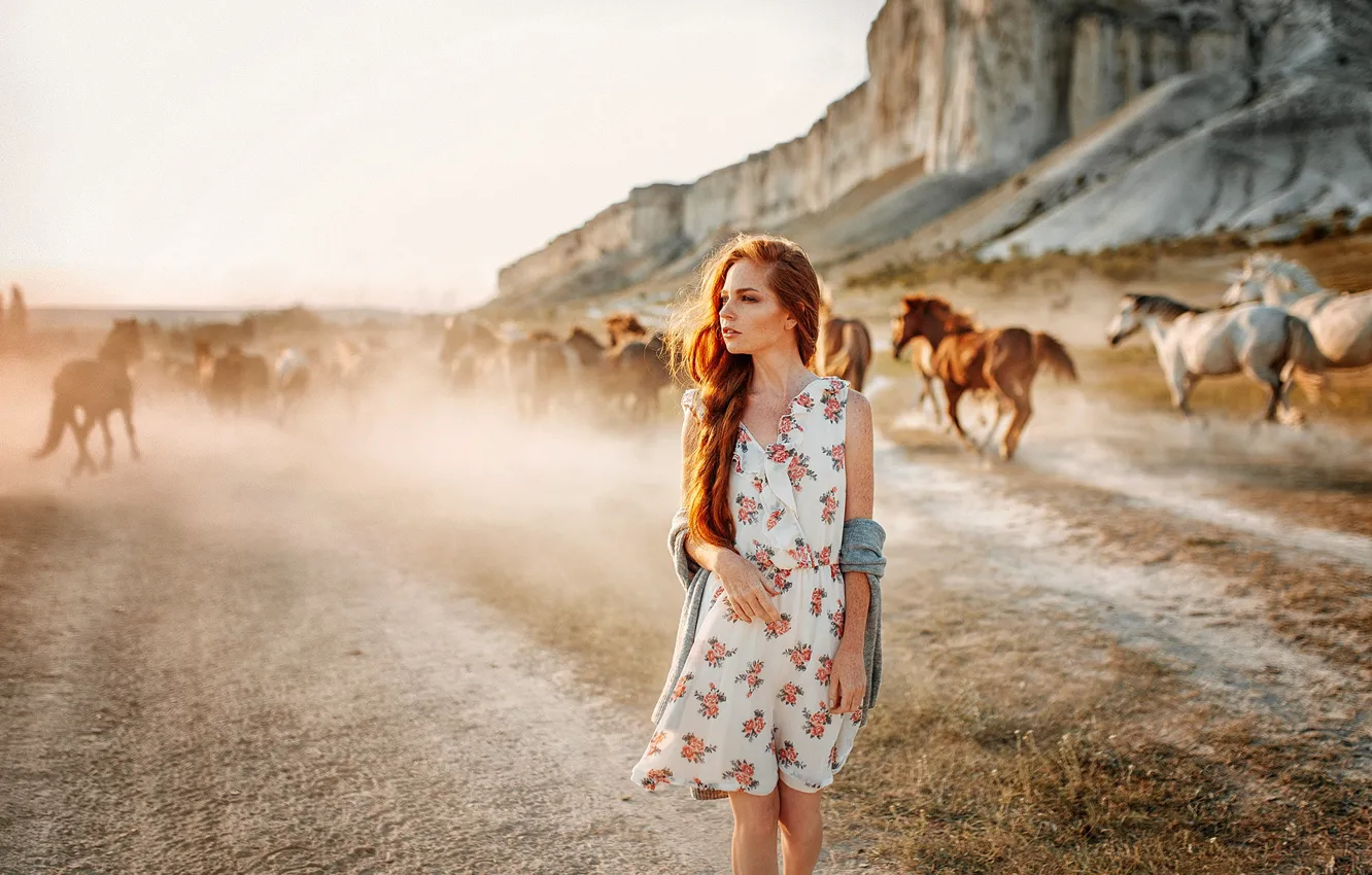 Photo wallpaper field, girl, the sun, landscape, mountains, rocks, horse, makeup